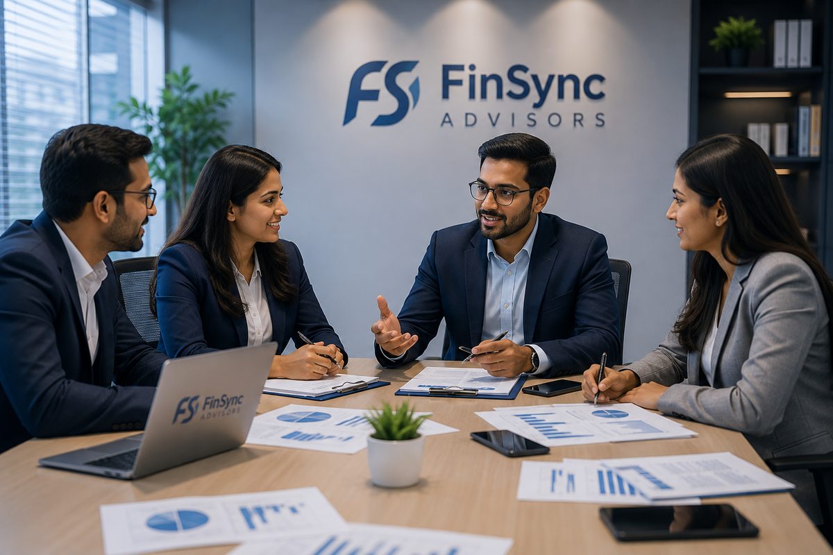 FinSync Advisors team reviewing client financials in a meeting